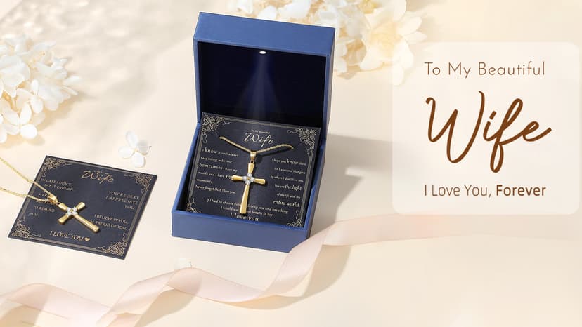 Gold Moissanite Cross Necklace for Women Wife in Light-Up Gift Box,Love Card - Women Anniversary Birthday Gifts Ideas for Wife Her Girlfriend, Christian Cross Chain Jewelry(18K Real Gold Filled)