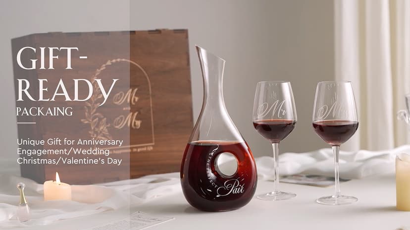 AW BRIDAL Mr and Mrs Wine Glasses and Decanter Set, Wedding Bridal Shower Engagement Gift for Couples 2025, Wedding Glasses for Anniversary Bride Bachelorette with Wood Keepsake Box