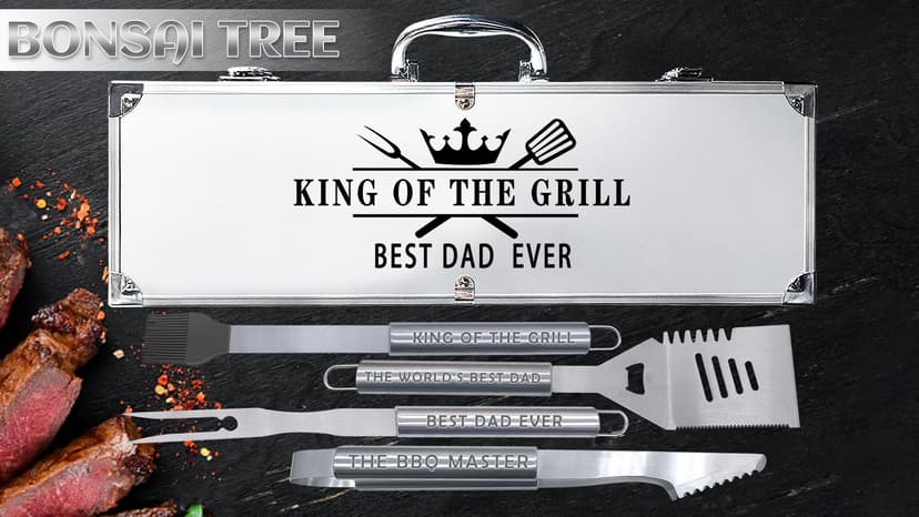 Bonsai Tree Christmas Dad Gifts, Birthday Gifts from Daughter, Best Dad Ever Gift for Christmas - Xmas Cool Grilling Bbq Present for Father from Son - Daddy Stainless Steel Metal Tool Heavy Duty Set 4