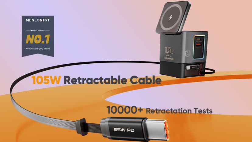 6-in-1 Charging Station,105W GaN Retractable Charger with Magnetic Pad – MagSafe Compatible, USB-C Fast Charging for iPhone, AirPods, MacBook, Apple Watch, and Other Phones, Tablets, Laptops