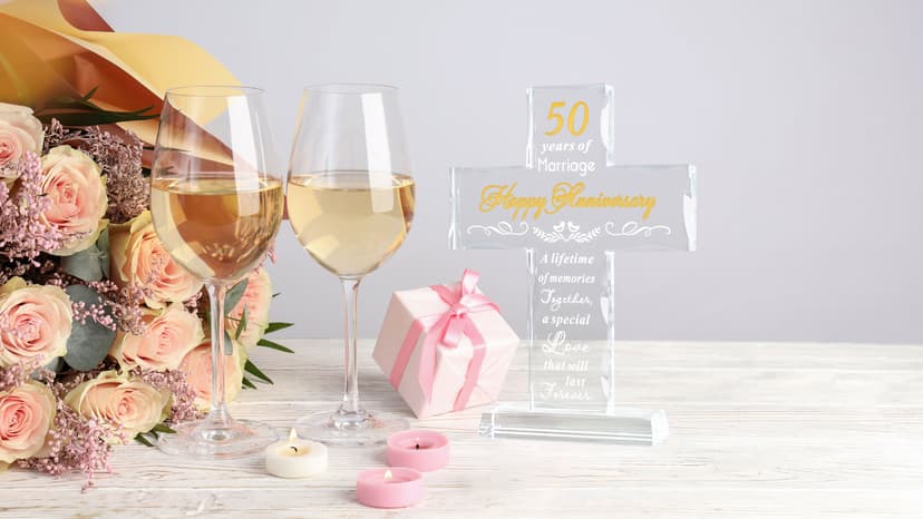 YWHL 50th Wedding Anniversary Religious Cross Gifts for Women Men, 50 Year Anniversary Romantic Gift for Him Her, Laser Engraved Glass Standing Cross Keepsake for Couple, 50 Years of Marriage Present