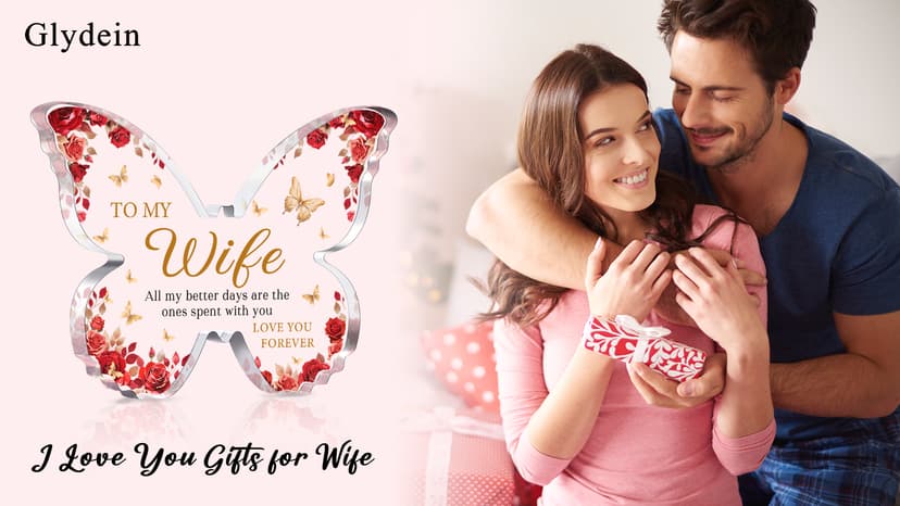 Romantic Wife Anniversary Birthday Gift Ideas, 5x3.8x0.5 Inch Butterfly Acrylic Plaque Decor, Mothers Day Valentines Christmas Wedding Present for Wife