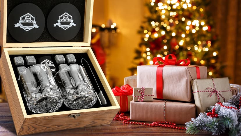 Whiskey Stones Gift Set - Whiskey Glass Set of 2 - Granite Chilling Whiskey Rocks - Scotch Bourbon Box Set -Father's Day Birthday Gifts for Men Drinking Gift for Dad Him Husband Party Holiday Present