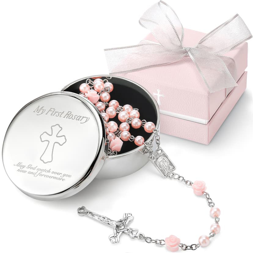 Baptism Gifts for Girl - My First Rosary with Silver-Plated Keepsake Box, Catholic Christening Gift Set, Pink Rosary for Kids, Baptism, First Communion & Baby Dedication Gifts for Girls from Godparent