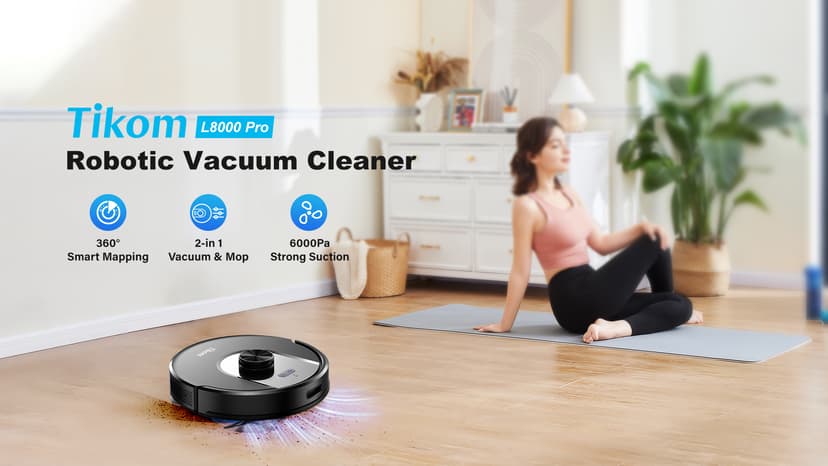 Tikom Robot Vacuum and Mop, 6000Pa Robotic Vacuum Cleaner with Self-Emptying Base, 90 Days Capacity, LiDAR Navigation, Home Mapping, Ideal for Pet Hair, Hard Floors, Carpet (L8000 Plus)