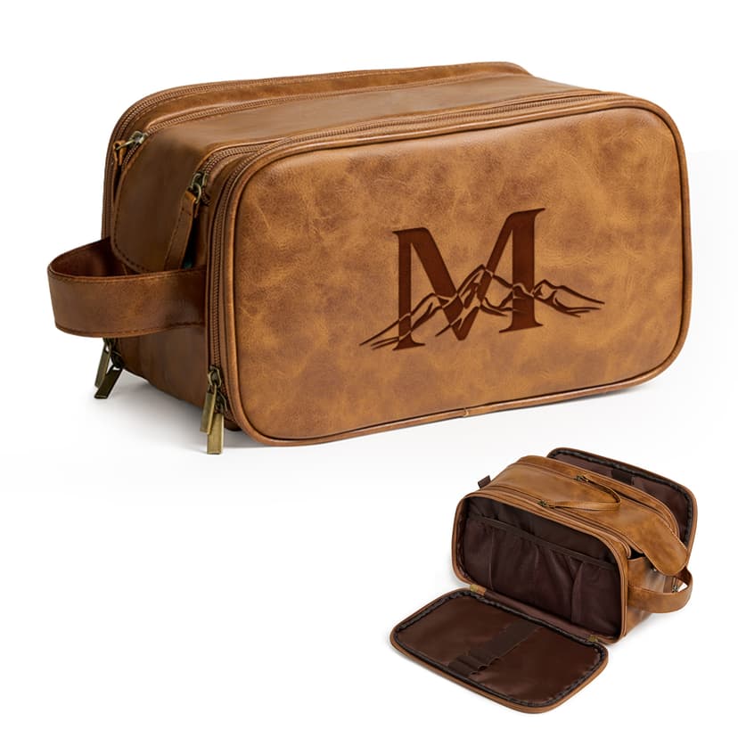 Janhavi Personalized Toiletry Bag for Men, Gifts for Boyfriend, Toiletry Bag For Shower Caddy,Personalized Initials & Mountain, Mens Toiletry Travel Bag, Travel Essentials for Men (Brown J)