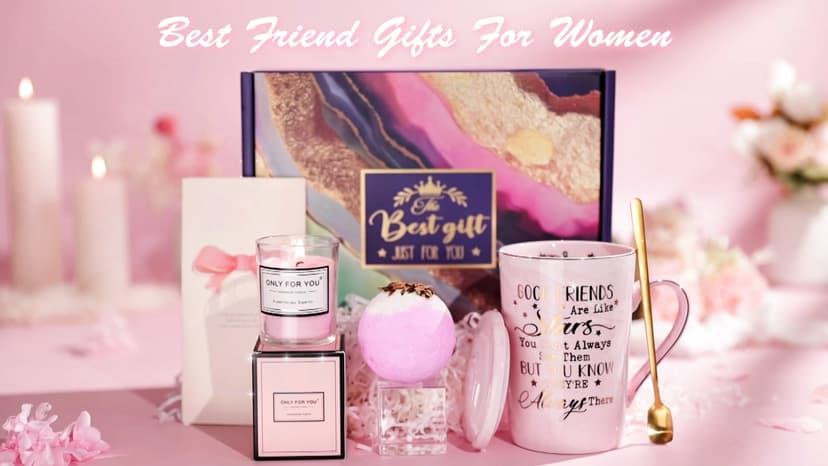 Best Friend Birthday Gifts for Women, Unique Friendship Gifts Ideas for Bestfriend, Female Besties, BFF Sister, 14oz Pink Marble Coffee Cup with Lid Spoon Card, Box, Best Friends Gift Basket Set of 6