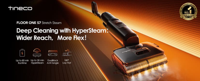 Tineco Floor One S7 Stretch Steam Cordless Wet Dry Vacuum Steam Mop All-in-One, 320℉ HyperSteam, 180° Lay-Flat, Anti-Tangle Design, FlashDry Self-Cleaning, Up to 75 Min Runtime