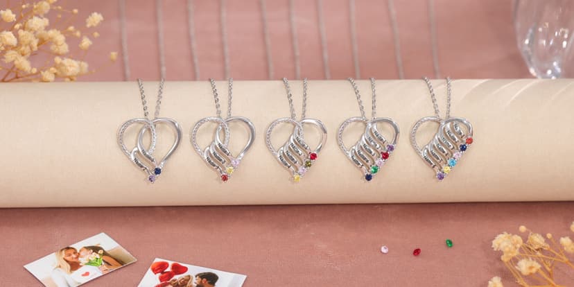 Jeweidea Personalized Heart Necklace with 2-6 Simulated Birthstones Custom Name Mother Daughter Chain Pendant for Women Mom Birthday