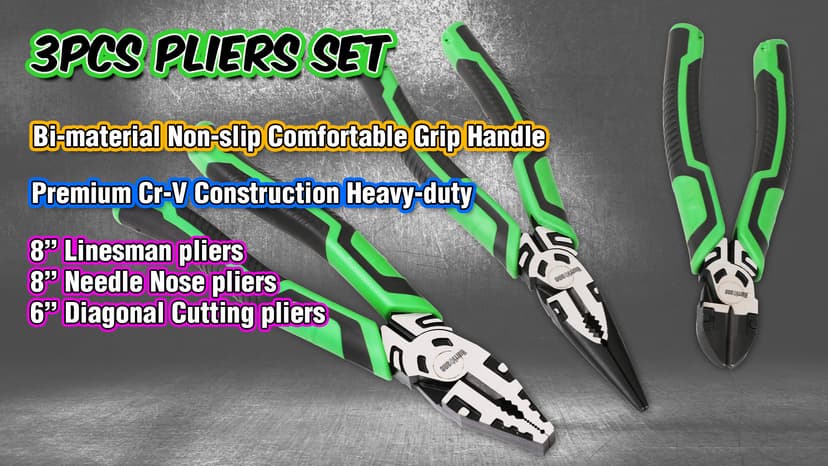HURRICANE 3-Piece Pliers Set - Heavy-Duty with 8-Inch Linesman, Needle Nose Pliers and 6-Inch Diagonal Cutters for Basic Repair