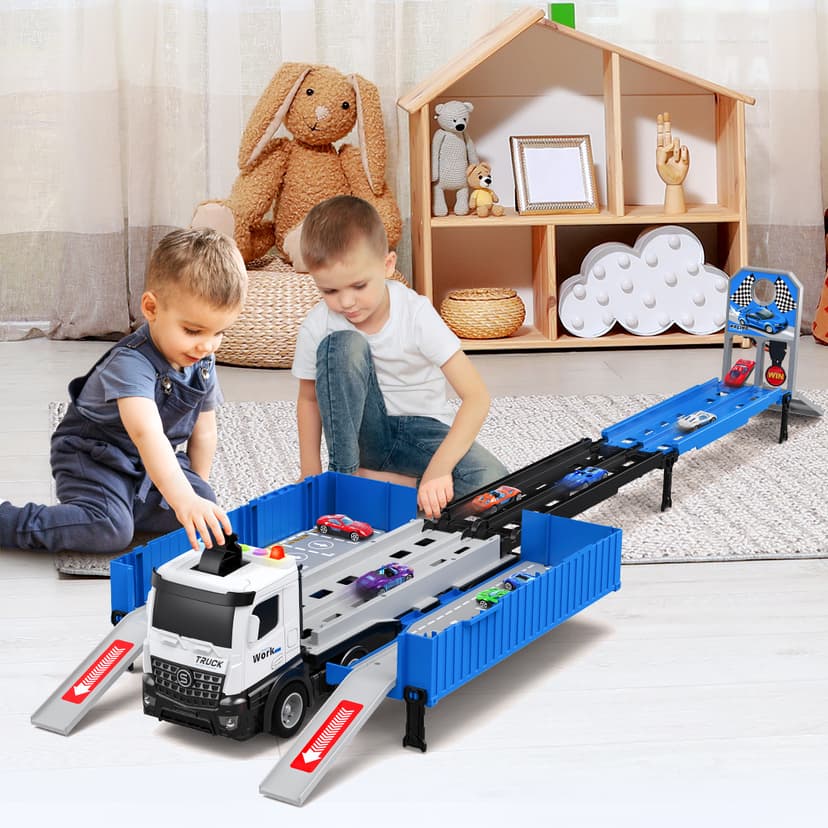 Carrier Truck Race Track Toddlers Toys, Foldable 3 Layer Track Playset, Toy Truck Transport Car Carrier & 8 Race Cars, Truck Car Kids Toys Xmas Gifts for Age 3 4 5 6+ Years Old Boys Girls