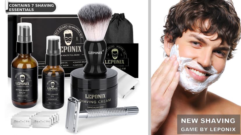 Shaving Kit for Men, Include Safety Razor, Sandalwood Cream, Aftershave, Pre Shave Oil, Shaving Brush and Bowl, Shaving Apron Bib -Unique Gifts for Him Stocking Stuffers