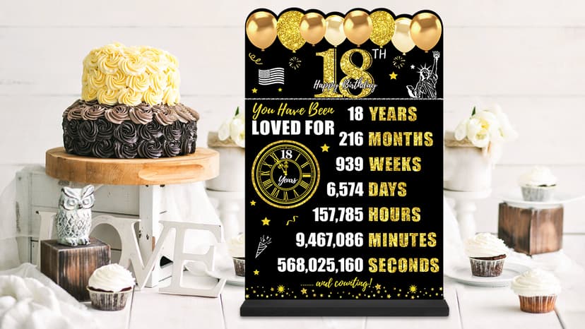 Black Gold 18th Birthday Decorations Gifts for Men Women, Two-Sided Vintage 18 Back in 2007 Theme Poster Wooden Table Sign with Stand, Eighteen Years Old Bday Centerpieces Holder for Table Decor