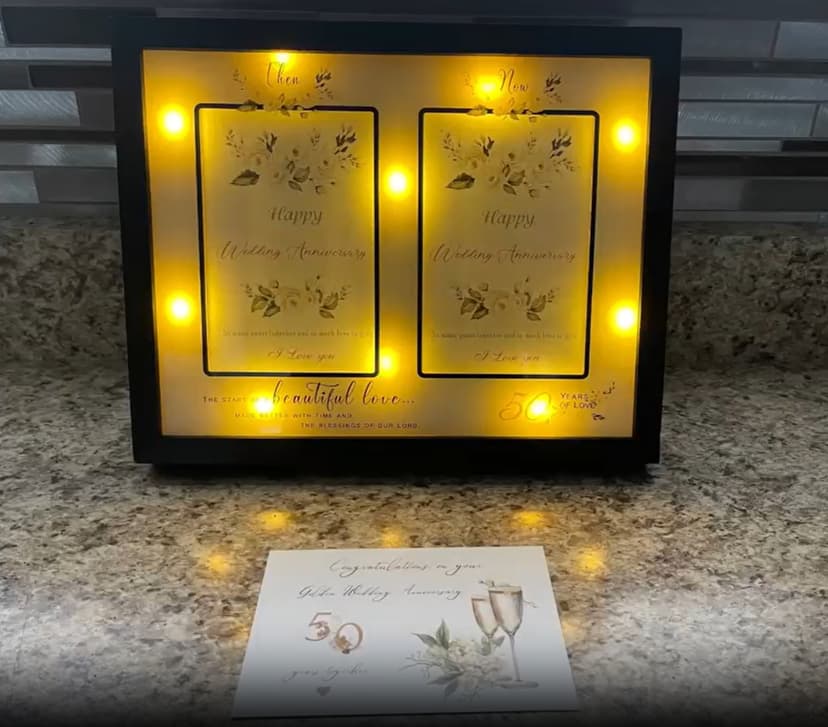 Then & Now 50th Anniversary Picture Frame for Couple, Celebrate Years of Love Anniversary Wooden Photo Frame for Parents, Husbands, Wives, Wedding Engagement Gifts, Double Frame 4x6 Photos Black