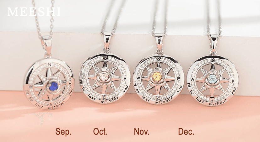 Silver Compass Necklace for Women Birthday Gifts for Wife Anniversary Necklace for Women Rose Flower Birthstone Necklaces for Wife Jewelry for Womens Girlfriend Mom Daughter