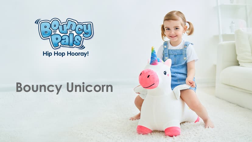 iPlay, iLearn Bouncy Pals Hopping Unicorn Horse, Toddler Girl Inflatable Bouncing Animal Hopper Toy, Outdoor Indoor Plush Ride on Bouncer, Baby Birthday Gift 18 Month 2 3 4 Year Old Kid - Unicorn