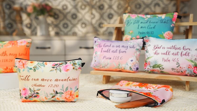 Chunful 12 Pcs Inspirational Christian Gifts Religious Makeup Bags Bulk for Women Bible Verse Flower Cosmetic Bag Thanksgiving Christmas Gift for Church Ladies, 7.48 x 4.72 Inch(Stylish)