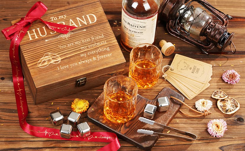 Anniversary Oaksea Gifts for Men Him Husband, Stainless Steel Engraved Whiskey Stones Glasses Set Gift, Gift for Birthday Wedding for Boyfriend Fiance, Cool Burbon Scotch Set Gifts