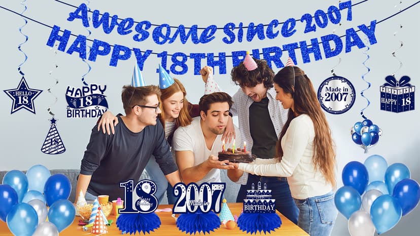 11Pcs 18th Birthday Decorations Kit for Boys Men, Blue Sliver Happy 18th Birthday Banner, Awesome Since 2007 Centerpieces Swirls Party Supplies, Eighteen Bday Banner Ceiling Table Topper Sign