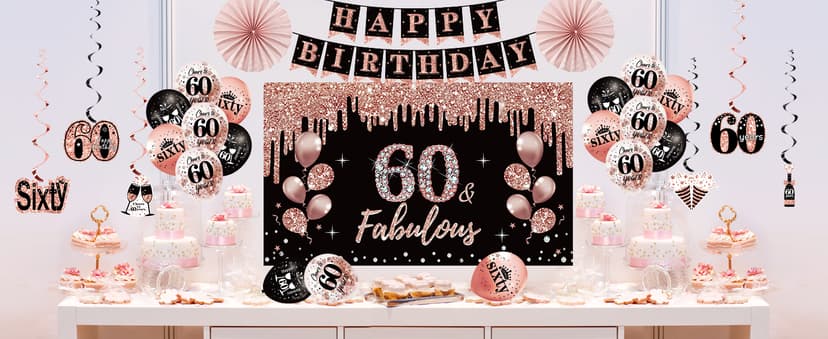 60th Birthday Decorations for Women, 33pcs Black Rose Gold Happy 60th Birthday Banner Crown and Sash Balloons Backdrop Hanging Swirls Paper Fans, 60 Years Old Party Supplies Kit