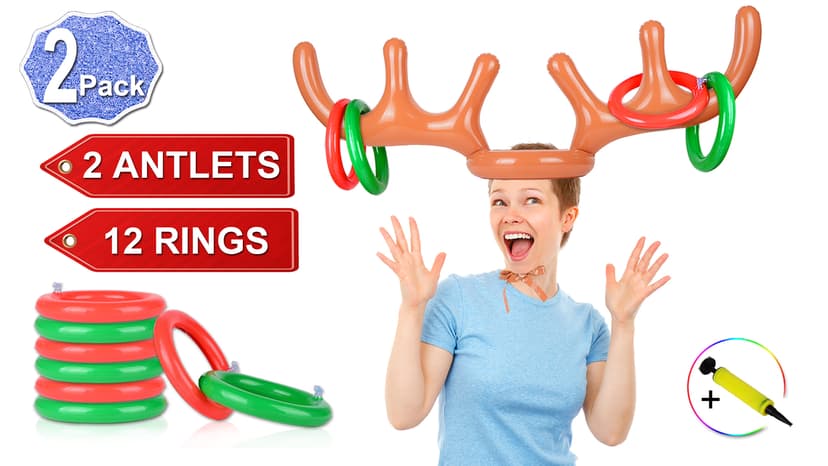 2 Set Inflatable Reindeer Antlers Ring Toss Game, Christmas Games for Family Party Great for Adults and Kids