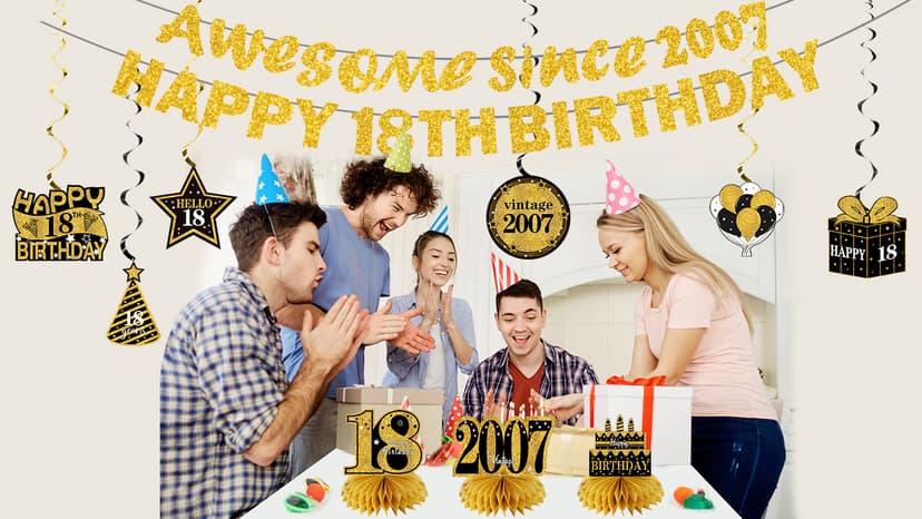 11Pcs 18th Birthday Decorations Kit for Men Women, Black Gold Happy 18th Birthday Banner, Awesome Since 2007 Centerpieces Swirls Party Supplies, Eighteen Bday Banner Ceiling Table Topper Sign