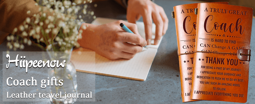 Hiipeenow Coach Appreciation Gifts for Men Women, Leather Travel Journal 140 Pages Presents, Baseball Softball Soccer Basketball Swim Football Coach Gifts, Christmas Birthday Thanksgiving