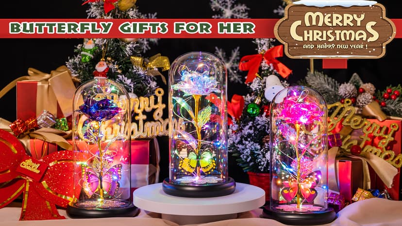 Birthday Gifts for Women Mom, Galaxy Glass Rose Forever Eternal Crystal Flower Light Up Rose in Glass Dome with Butterfly Mothers Day Christmas Rose Gifts for Her Wife Daughter Friends Colorful