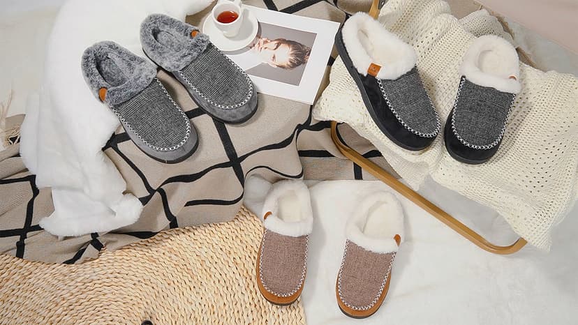 ATHMILE Men's Slippers Slip On Moccasin, Indoor Outdoor Warm Fuzzy Comfy House Shoes, Fluffy Wide Loafer Home Bedroom Slippers