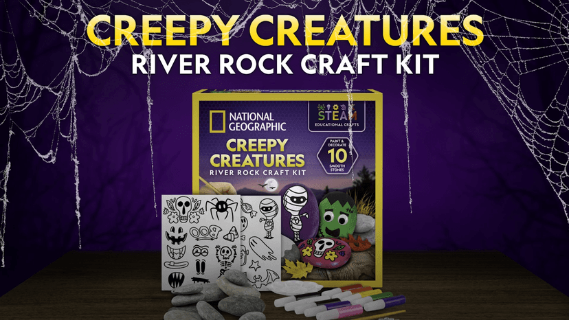 National Geographic Creepy Creatures Rock Painting Kit - Halloween Arts & Crafts Kit for Kids, Decorate 10 River Rocks with 10 Paint Colors & More Spooky Art Supplies, Halloween Gifts for Kids