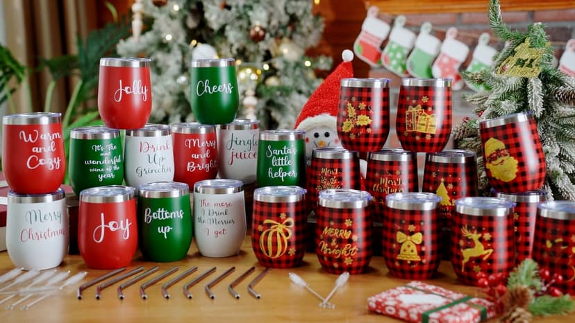 12 Pcs Christmas Wine Tumbler Set, 12 Oz Stainless Steel Double Wall Vacuum Insulated Coffee Mug Stemless Xmas Wine Glasses With Lid Straw Brushes for Women Friends Men Travel Gifts (Texts)