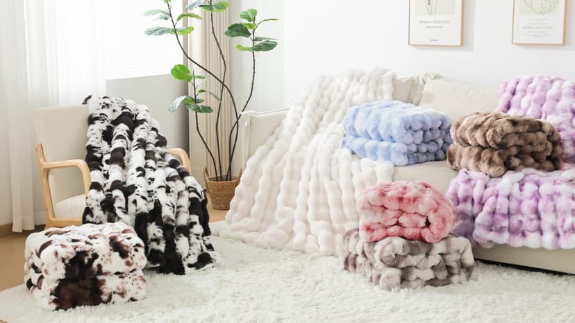 Touchat Luxury 1000GSM Faux Rabbit Fur Throw Blanket, Super Heavy Warm Cozy Blankets for Couch Bed Sofa, Bubble Plush Fuzzy Elegant Soft Reversible Mink Blanket for Living Room Bedroom, Cream White