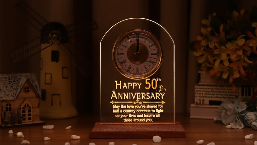 50th Anniversary Wedding Gift, Anniversary Quartz Clock, Desk Table Clock, 50 Years of Marriage, Golden Wedding for Couple, Parents, Grandparents (Wooden Base with LED Light)