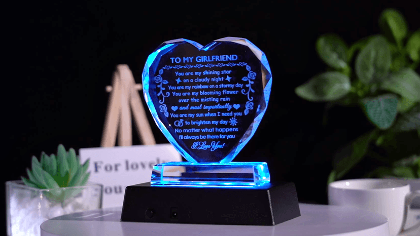 YWHL Romantic Girlfriend Gifts from Boyfriend, To My Girlfriend Crystal Heart Shaped Keepsake with Colorful Light Base, Girlfriend Birthday Gift, Gifts for Girlfriend on Anniversary Valentine