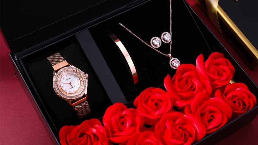 Watches Sets for Women, Rose Gold Watch Set Necklace Earring Bracelet 4 Pieces Jewelry Set for Mom Wife Girlfriend