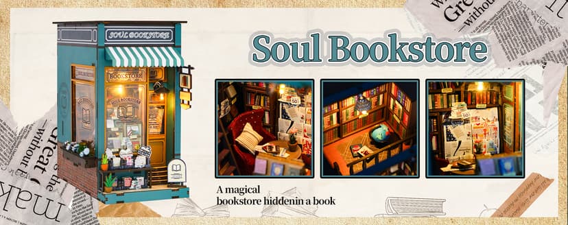 DIY Book Nook Kit with Music Box, Wooden 3D Puzzle Dollhouse with LED, Miniature House Kit Bookends for Adult and Teen, Bookshelf Decor, Creative Gift for Friends and Family. Soul Bookstore