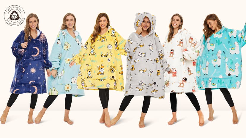 THREE POODLE Wearable Blanket Hoodie for Women, Oversized Sherpa Sweatshirt Blanket for Adults Men, Cozy Hooded Blankets, Gifts for Teen Girls Women Mom Sister