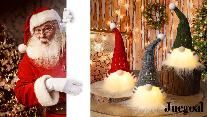 Juegoal Christmas Plush Gnomes, 9 Inch Lighted Handmade Mini gnome Scandinavian, Light Up Swedish Tomte Elf Holiday Present, Battery Operated Xmas Gifts Table Ornaments Dinner Party Supplies, Set of 3