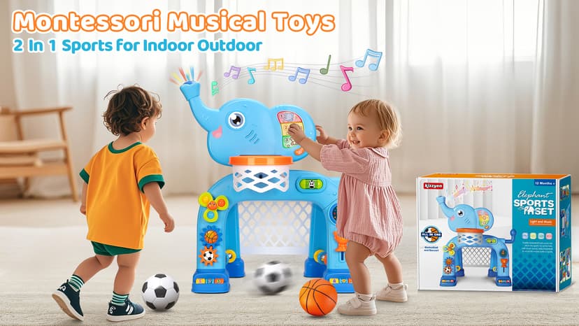 KIZZYEA Toys for 1 2 3 Years Old Boys Girls, Toddler Basketball Hoop & Soccer Goal, Montessori Toy, Interactive Musical Sports Toys with Light, Christmas Birthday Gifts for Baby Kids Age 12-18 Months