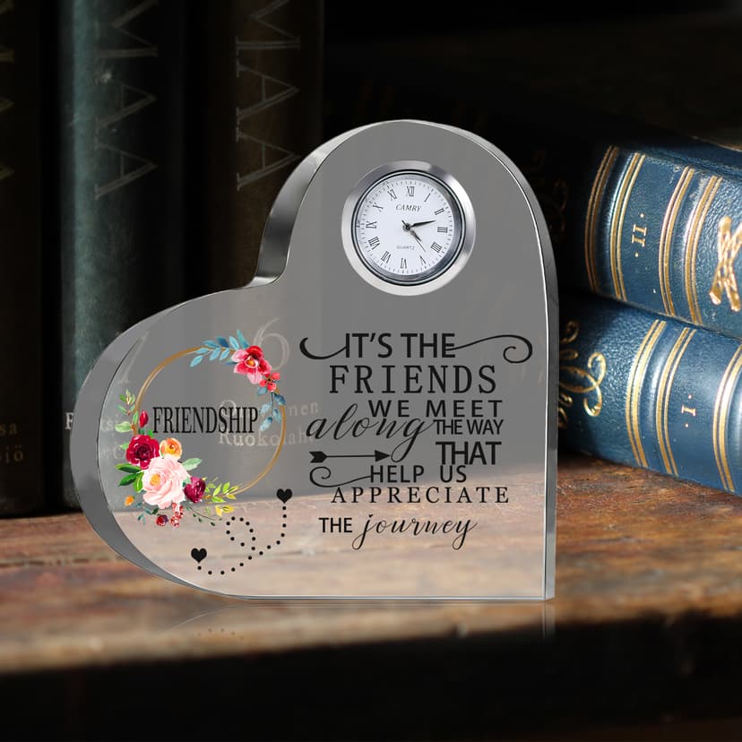 Movdyka Friendship Gifts for Women Friends Crystal Heart 5.9Inch Large Flower Glass with Clock Unique Best Gifts for Women Her Friend Plaque Birthday Gift Idea for Friend Female Presents
