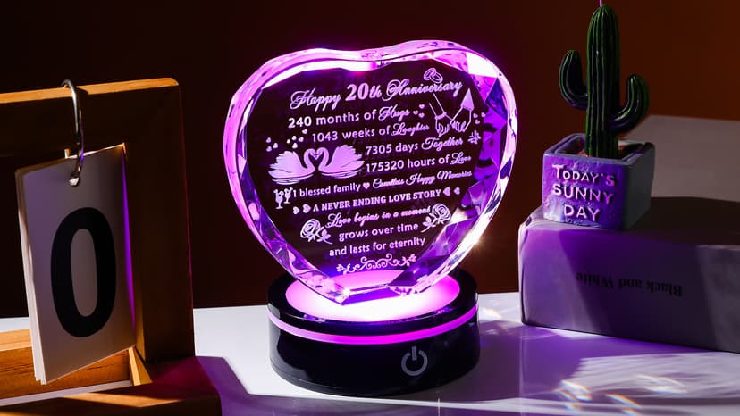 YWHL 20th Anniversary Crystal Heart Gifts for Wife Husband, Laser Engraved Romantic 20 Year Wedding Anniversary Crystal Keepsake Gifts for Her Him, 20 Years of Marriage Gift for Couples Friends