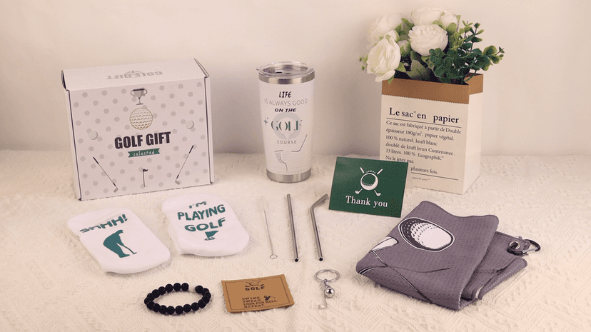 Golf Gifts for Men - 9PC Set: Tumbler, Towel, Socks, Key Chain, Bracelet, Thanks Card; Gift Box; Perfect for Golfer, Dad, Christmas