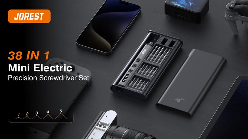 JOREST Mini Electric Screwdriver, Precision Set with 38-in-1 Magnetic Bits, Repair Tool Kit for iPhones, Laptop, Drone, Game Console, Camera, Toys; Stocking Stuffers for Men;Birthday Gift for Father