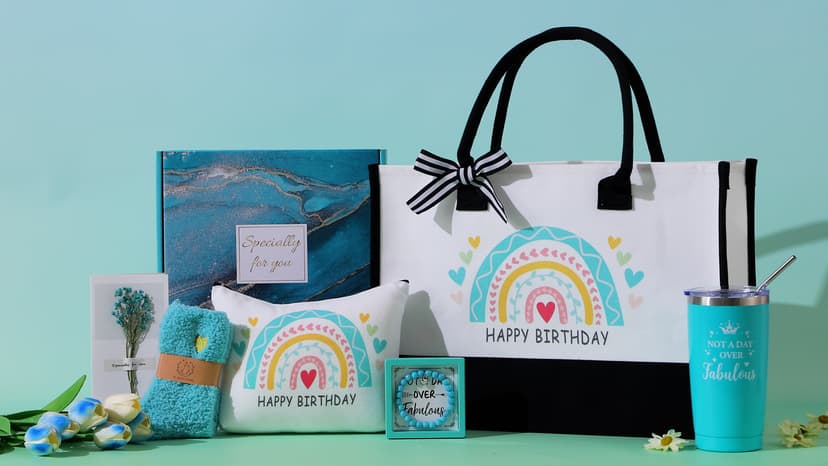 Birthday Gifts Basket for Women,Happy BD Box for Her,Tuning to a New Year Old Female Gifts Bag,Unique Canvas Tote Bag Bday Presents Set Ideas for Mom Best Friend Sister Aunt Teacher Coworker Grandma