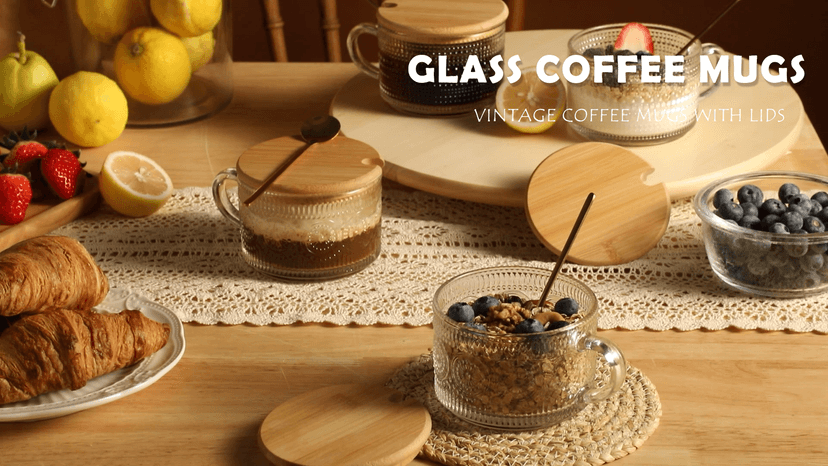 LANDNEOO 4pcs Set Vintage Coffee Mugs gifts for women, Overnight Oats Containers with Bamboo Lids and Spoons - 14oz Clear Embossed Glass Cups, Cute Coffee Bar Accessories, Iced Coffee Glasses