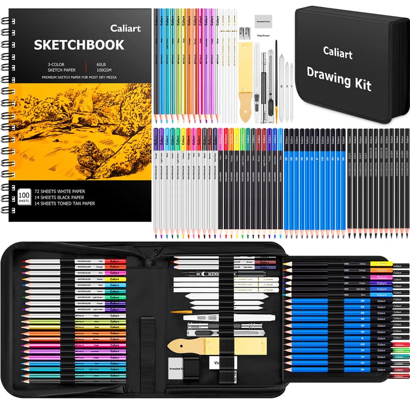 Caliart 176PCS Art Supplies Sketching Kit with 100 Sheets 3-Color Sketch Book, Graphite Colored Charcoal Watercolor & Metallic Pencils, School Supplies Gifts for Artists Adults Teens Girls Boys Kids