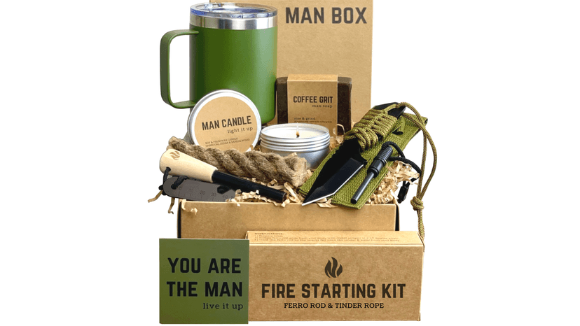 Man Box, Gift Box for Men- Birthday Gifts for Men, Mens Gift Basket, Gifts for Him- Cool Camping Gift Sets for Guys, Son, Brother, Boyfriend, Dad, Husband, Male, Friend