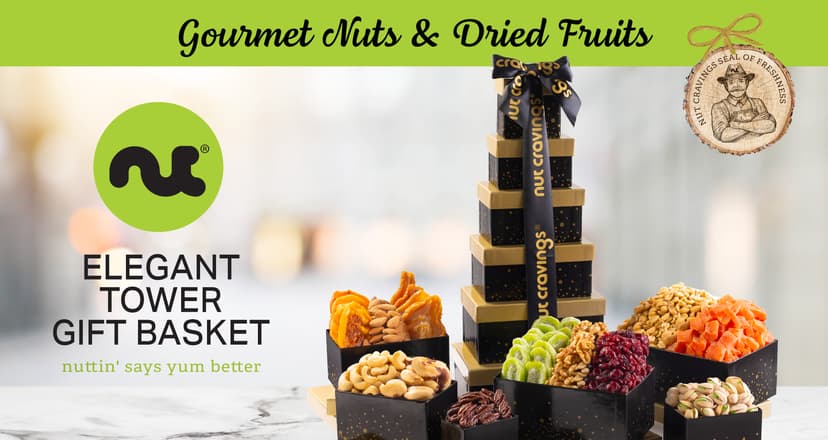 NUT CRAVINGS - Diwali Sweets Hamper Dried Fruit & Mixed Nuts Gift Basket in Black Tower + Ribbon (12 Assortments) Food Arrangement, Healthy Snack Care Package, Food Assortments