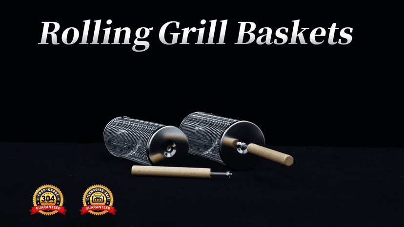 Rolling Grill Basket, Removable Wooden Handle, 304 Stainless Steel, Nesting Smoker Net, BBQ Accessories Tools for Vegetable Shrimp, Outdoor Cooking Camping, Birthday Gifts for Men Dad Husband
