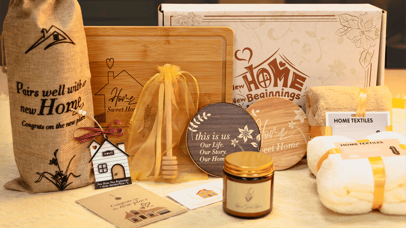 Synhonty New Home Gift Ideas Basket, 11 Pcs: Bamboo Serving Board, Wooden Decoration, Soy Candle, Towels & More - White